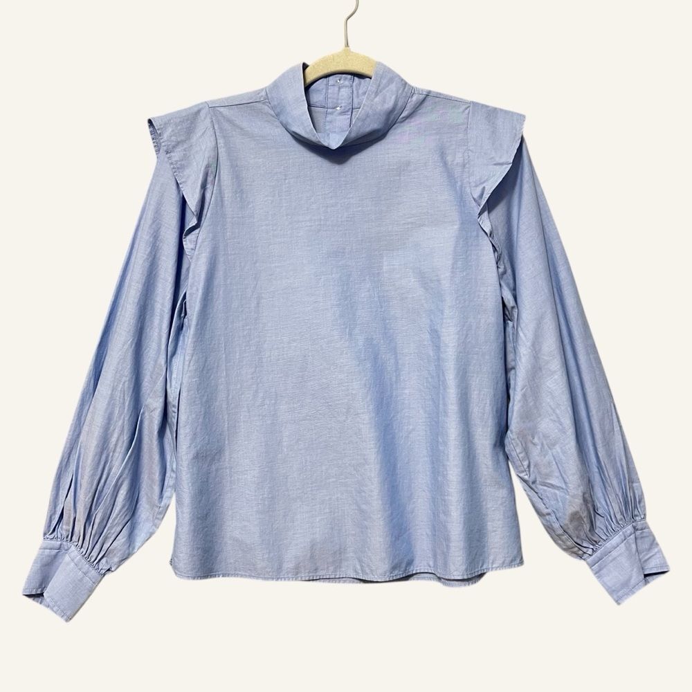 Everlane Ruffle Shoulder Mock Neck Blouse Top NWT Size 2 Light Blue Office